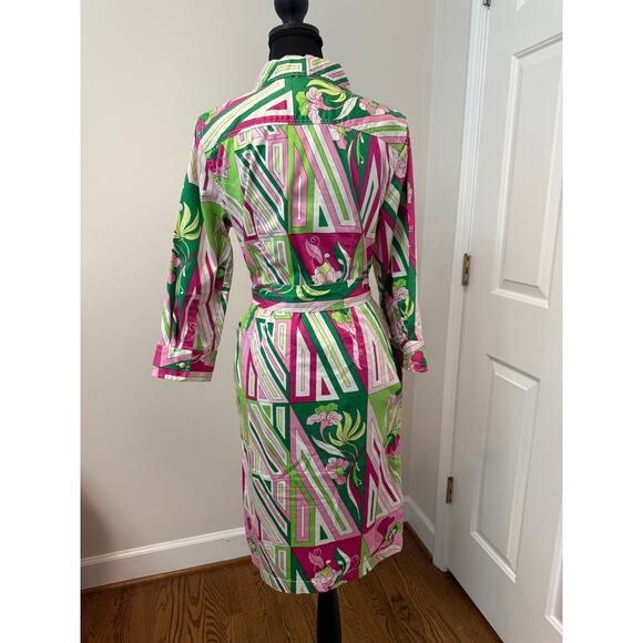 Talbot's Geometric/Floral Print Midi Cotton Shirt Dress in Pink and Green - Picture 4 of 5